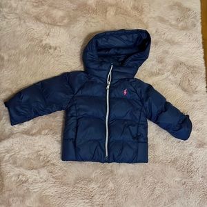 Ralph Lauren Babygirl puffer jacket. Navy blue with pink logo